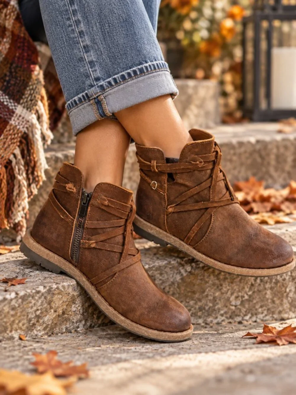 Born Tarkiln Brown Suede Leather Ankle Boots 8 Boho Strappy Side Zip